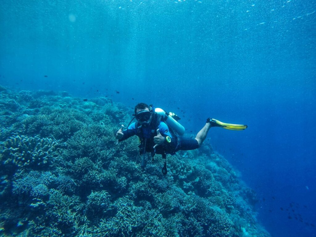 Diver in Bunaken National Park with beautiful coral in the background.